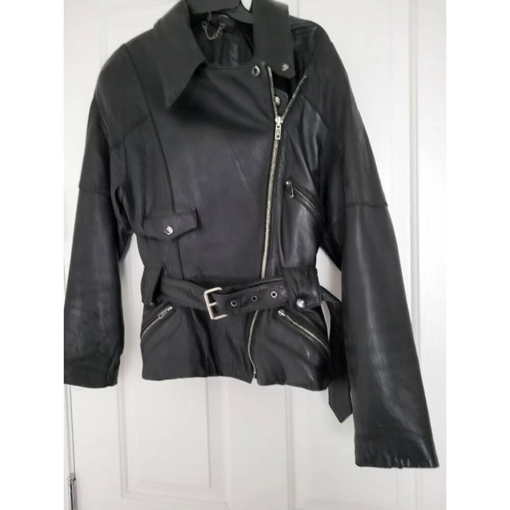 Harley Davidson Vintage Leather Belted Ladies Coat - Black Size Med